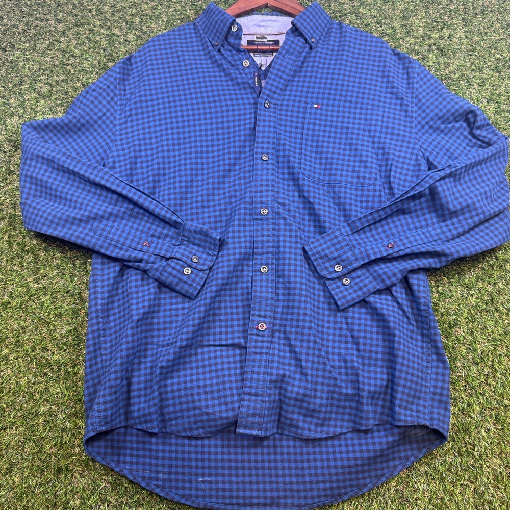 Tommy Hilfiger THFlex Mens XL Classic Fit Gingham Shirt Blue Black 78J9578
